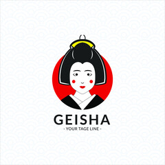 Japanese Geisha Logo Design, with geisha face vector and red circle symbol of Japan