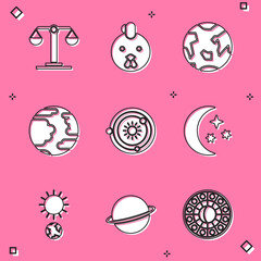 Set Libra zodiac, Rooster, Planet Earth, Mercury, Solar system, Moon and stars, Solstice and Saturn icon. Vector
