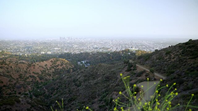 Panoramic view of Los Angeles downtown and the Griffith Observatory from the hills