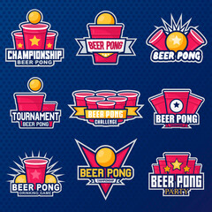 Beer pong party logo or game label. Vector illustration - obrazy, fototapety, plakaty