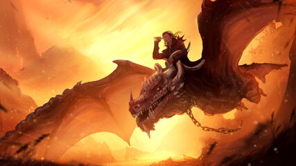 Naklejka premium A researcher with a telescope is flying astride a huge spiked dragon released from its shackles, against the background of an epic yellow-orange sunset. 2d illustration in a dynamic perspective