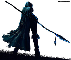 A dark silhouette of a wanderer girl in a blue hood with a spear in her hand, she stands with her back to the viewer on the grass in a dynamic angle. 2d illustration on a white background - obrazy, fototapety, plakaty