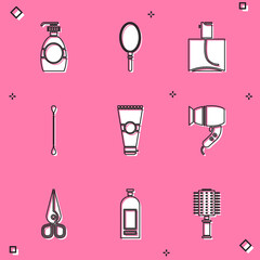 Set Bottle of liquid soap, Hand mirror, Perfume, Cotton swab for ears, Lotion cosmetic tube, Hair dryer, Scissors and shampoo icon. Vector