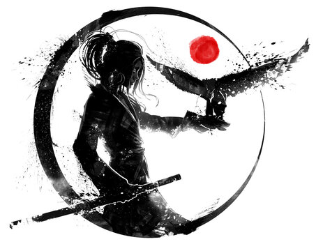 A beautiful young Asian samurai girl with long hair stands in profile holding one hand on a katana and the other outstretched in front of her, an eagle sits on it. 2d ink-style illustration