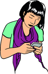 asian girl doing something with her phone, smartphone chatting, reading news on smartphone