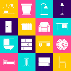 Set Chair, Clock, Office desk, Table lamp, Heating radiator, Closed door, Shelf with books and Armchair icon. Vector