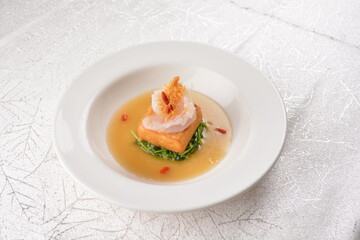 braised fresh big prawn with bean curd tofu and vegetable in Chinese herbal wine sauce in white background asian halal menu