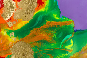 Rainbow liquid acrylic paint with gold dust texture. Stock illustration.