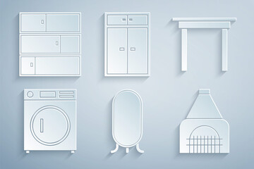 Set Big full length mirror, Wooden table, Washer, Interior fireplace, Wardrobe and Shelf icon. Vector