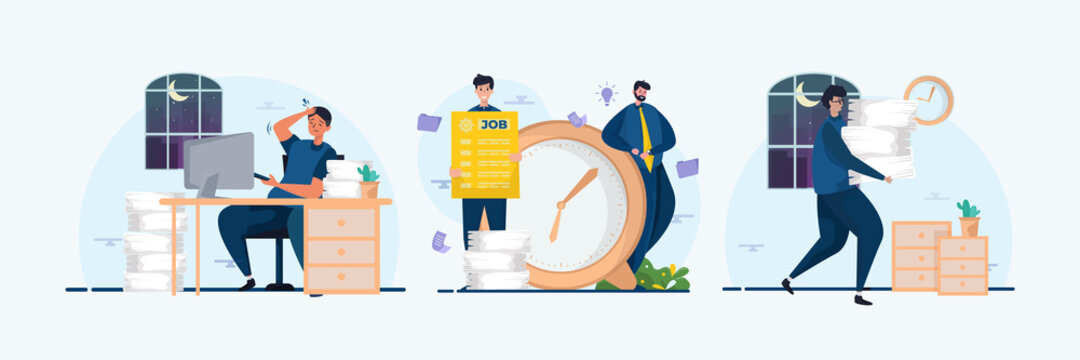 Flat illustration set of office business over work deadline concept
