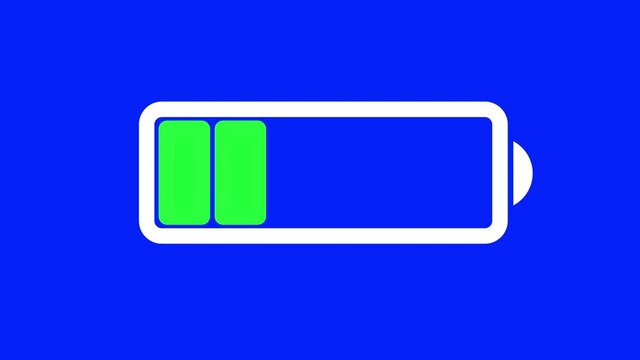 Battery charging sign with green cells appearance of the charge accumulation of energy blue background