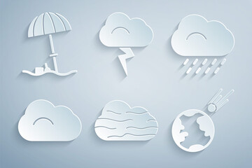 Set Fog and cloud, Cloud with rain, Comet falling down fast, Storm and Sun protective umbrella for beach icon. Vector