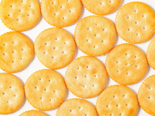 An image top view isolated circle crackers or snack or biscuits treat gourmet or junk food.