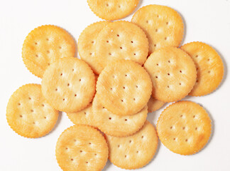 An image top view isolated circle crackers or snack or biscuits treat gourmet or junk food.