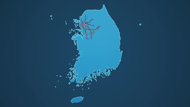 Light blue map of South Korea with cities, roads and railways on a dark blue background. 4K Animation with alpha channel