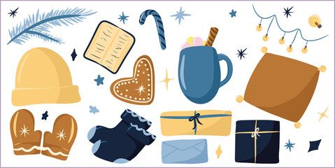 Collection of elements cozy winter, hygge set with winter elements isolated on a white background, New Year and Christmas gifts, knitted hat, socks, mittens, delicious drink, gingerbread, pillow