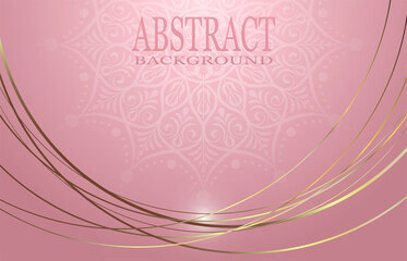 Abstract background design in pink colors. Mandala pattern in a frame of flowing golden lines.
