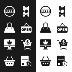 Set Hanging sign with Open, Handbag, Price tag Free, Coupon, Monitor shopping basket, Shopping cart dollar, Paper check financial check and icon. Vector