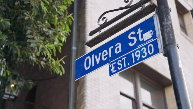 Street sign of the popular Olivera St. in Los Angeles, California