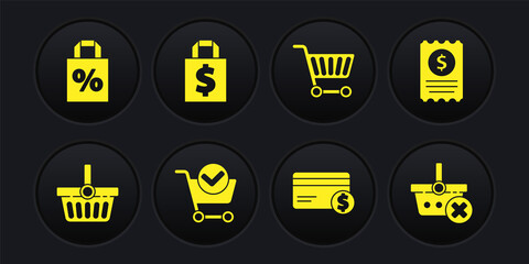 Set Shopping basket, Paper check and financial check, cart with mark, Credit card dollar, Shoping bag, Remove shopping and percent discount icon. Vector