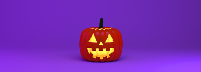 Smiling halloween pumpkin banner on purple background. 3d illustration.