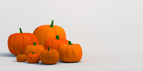 Harvest of pumpkins on white background. Halloween banner. 3d illustration.