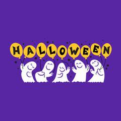 Vector colorful illustration on the theme of Halloween. Background with cartoon ghosts with balloons for use in design