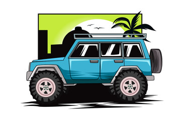 off road car in sunset background vector