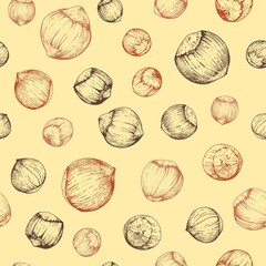 Seamless pattern with hazelnuts. Hand-drawn sketches of nuts. Vintage style engraving