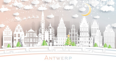 Antwerp Belgium City Skyline in Paper Cut Style with Snowflakes, Moon and Neon Garland.