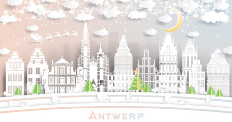Obraz premium Antwerp Belgium City Skyline in Paper Cut Style with Snowflakes, Moon and Neon Garland.