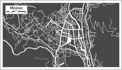 Mostar Bosnia and Herzegovina City Map in Black and White Color in Retro Style.