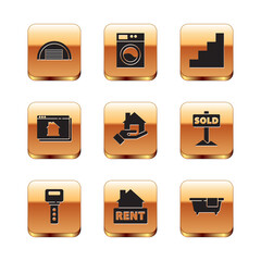 Set Garage, House key, Hanging sign with Rent, Realtor, Online real estate house, Staircase, Bathtub and Washer icon. Vector
