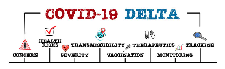 Covid-19 Delta. Risks, Prevalence and Security concept. Chart with keywords and icons. Horizontal web banner