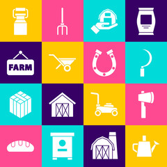Set Watering can, Wooden axe, Sickle, Farm house hand, Wheelbarrow, Signboard with text, Can container for milk and Horseshoe icon. Vector