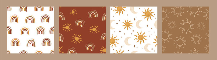 Boho vintage modern sun moon rainbow seamless pattern for fabric, linen, posters, decor and social media © Christiana