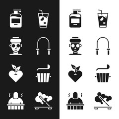 Set Jump rope, Facial cosmetic mask, Bottle of liquid soap, Fresh smoothie, Heart, Sauna bucket and ladle, Scented spa stick and procedures icon. Vector