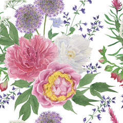 Watercolor painting seamless pattern with peony and wildflowers