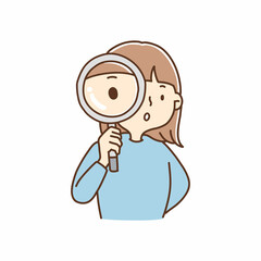 虫眼鏡を持つ女性、女の子、調べる