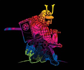Fototapeta na wymiar Samurai Warrior with Weapons Group of Ronin Japanese Fighter Cartoon Graphic Vector