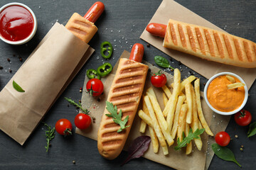 Concept of tasty food with french hot dog