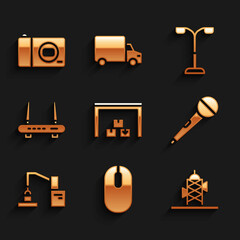 Set Warehouse, Computer mouse, Antenna, Microphone, Robotic robot arm hand factory, Router wi-fi signal, Street light and Photo camera icon. Vector
