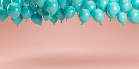 Minimal design by 3d rendering of pastel blue balloons floating on pink pastel background in studio for decoration advertisement and showing product.