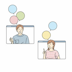 雑談をする男女、ビジネス、リモート会議、打ち合わせ、オンライン会議、男性、女性