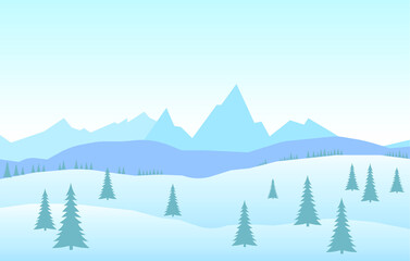 Vector illustration: Winter snowy flat cartoon mountains landscape with road, hills and pines. Christmas background.
