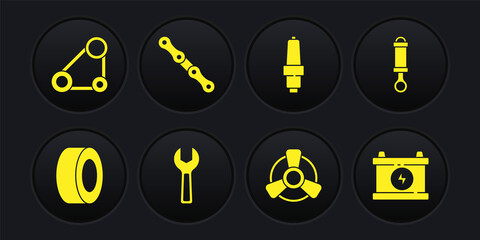 Set Car tire, Shock absorber, Wrench spanner, motor ventilator, spark plug, chain, battery and Timing belt kit icon. Vector