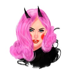 Demon sexy girl with pink hair digital art