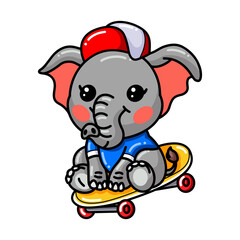 Cute baby elephant cartoon playing skateboard