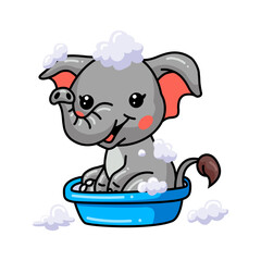 Cute baby elephant cartoon bath in bathtub