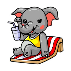 Cute baby elephant cartoon sunbathing on beach chair